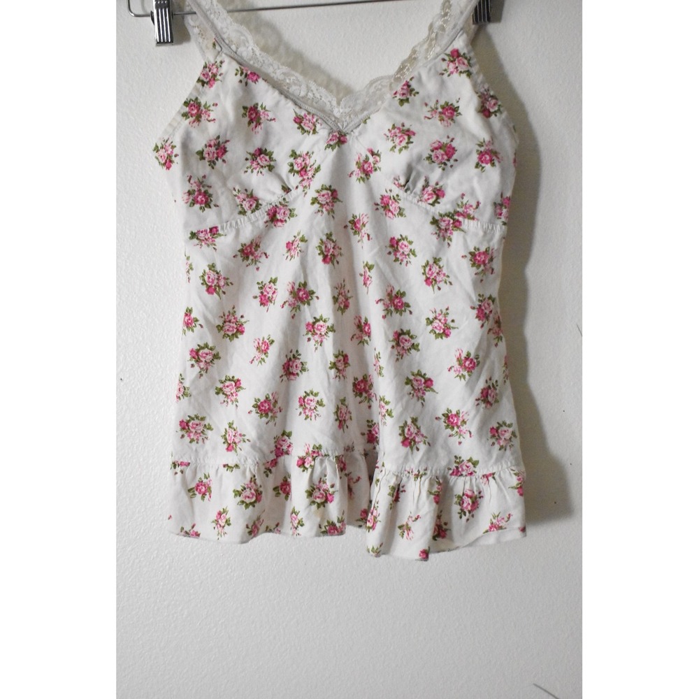 Unbranded Floral Camisole Women Medium White Pink Y2K Lace Ruffle Hem Cotton - Picture 6 of 9